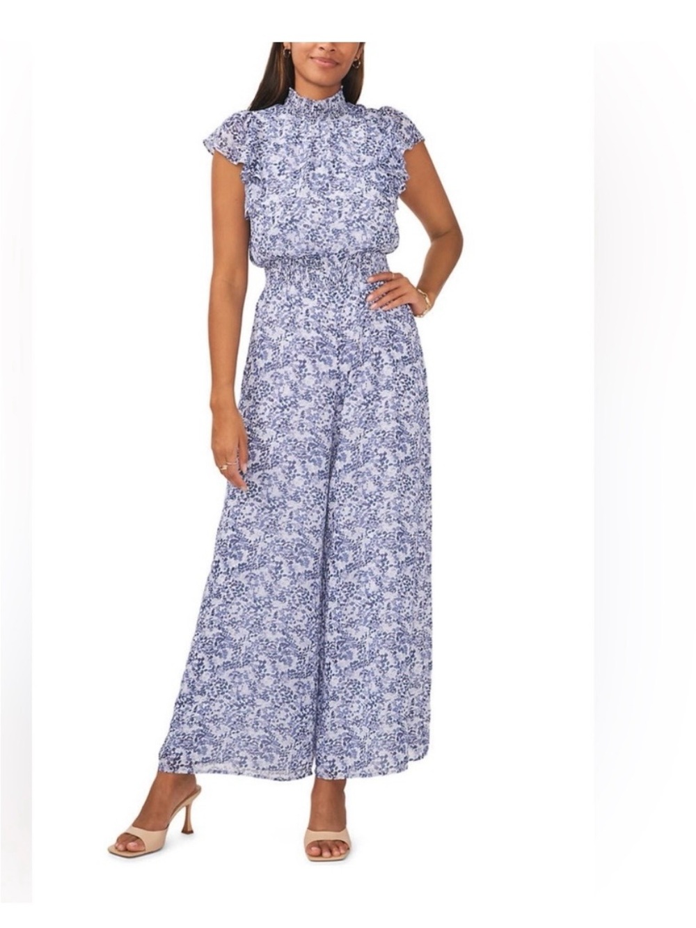 MSK Light Blue Floral High-Neck Wide-Leg Jumpsuit
